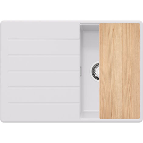 PRIMAGRAN Evier Cuisine en Granit 70x50cm, Lavabo 1 bac + Kit de Vidage + Planche à Découper, Évier à Encastrer au meuble 40cm - Copenhague, Blanc (1/5)