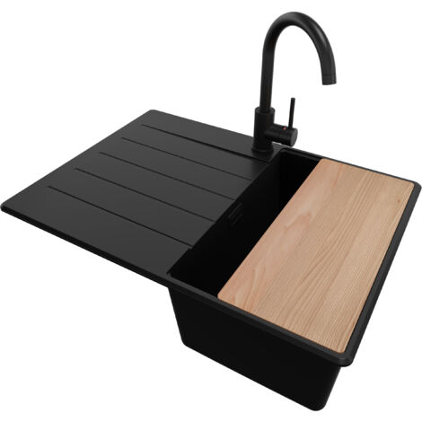 PRIMAGRAN Evier Cuisine en Granit 70x50cm, Lavabo 1 bac + Kit de Vidage + Accessoire, Évier à Encastrer au meuble 40cm - Copenhague, Tout Noir (1/5)