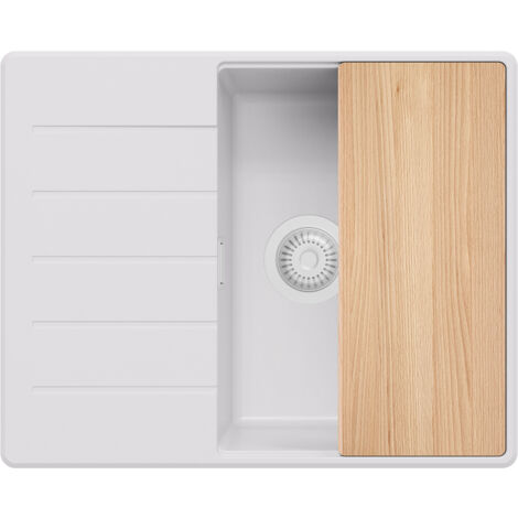 PRIMAGRAN Evier Cuisine en Granit 62x50cm, Lavabo 1 bac + Kit de Vidage + Planche à Découper, Évier à Encastrer au meuble 45cm - Copenhague, Tout Blanc