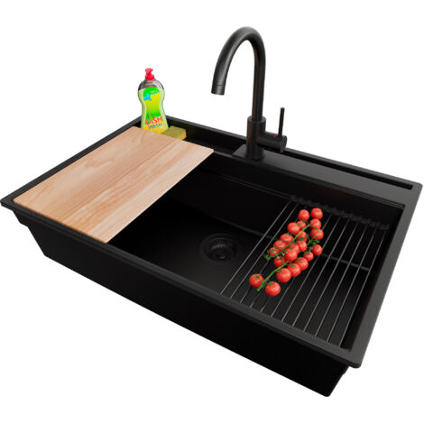 PRIMAGRAN Evier Cuisine en Granit 78x53cm, Lavabo 1 bac + Kit de Vidage + Accessoire, Évier à Encastrer au meuble 80cm - Oslo Pocket, Tout Noir (1/5)