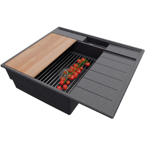 PRIMAGRAN Evier Cuisine en Granit 62x53cm, Lavabo 1 bac + Kit de Vidage + Accessoires, Évier à Encastrer au meuble 45cm - Sydney Pocket, Graphite (1/5)