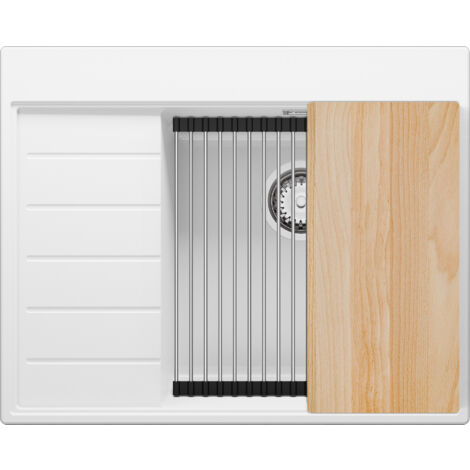 PRIMAGRAN Evier Cuisine en Granit 62x50cm, Lavabo 1 bac + Kit de Vidage + Accessoires, Évier à Encastrer au meuble 45cm - Sydney, Blanc (1/5)