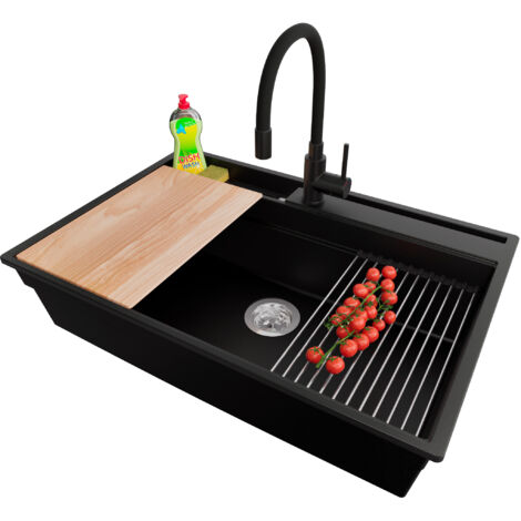 PRIMAGRAN Evier Cuisine en Granit 78x53cm, Lavabo 1 bac + Robinet 40x38cm + Kit de Vidage + Accessoires, Évier à Encastrer au meuble 80cm - Oslo Pocket, Noir (1/5)
