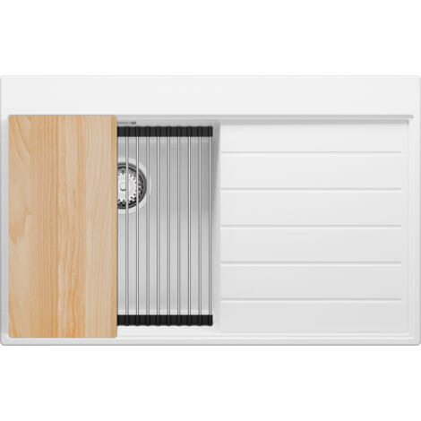 PRIMAGRAN Evier Cuisine en Granit 78x50cm, Lavabo 1 bac + Kit de Vidage + Accessoires, Évier à Encastrer au meuble 45cm - Sydney, Blanc (1/5)