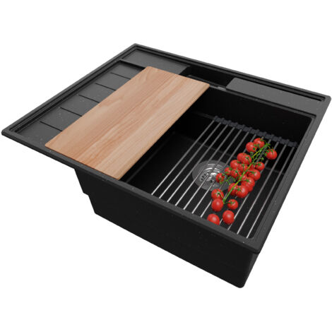 PRIMAGRAN Evier Cuisine en Granit 62x53cm, Lavabo 1 bac + Kit de Vidage + Accessoires, Évier à Encastrer au meuble 45cm - Sydney Pocket, Noir Métallisé (1/5)