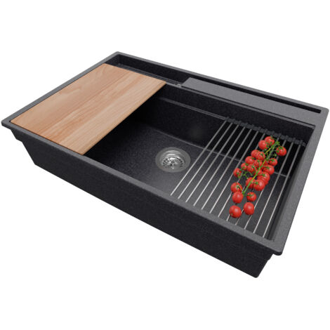 PRIMAGRAN Evier Cuisine en Granit 78x53cm, Lavabo 1 bac + Kit de Vidage + Accessoires, Évier à Encastrer au meuble 80cm - Oslo Pocket, Graphite