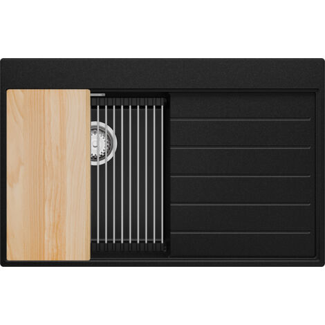 PRIMAGRAN Evier Cuisine en Granit 78x50cm, Lavabo 1 bac + Kit de Vidage + Accessoires, Évier à Encastrer au meuble 45cm - Sydney, Noir (1/5)