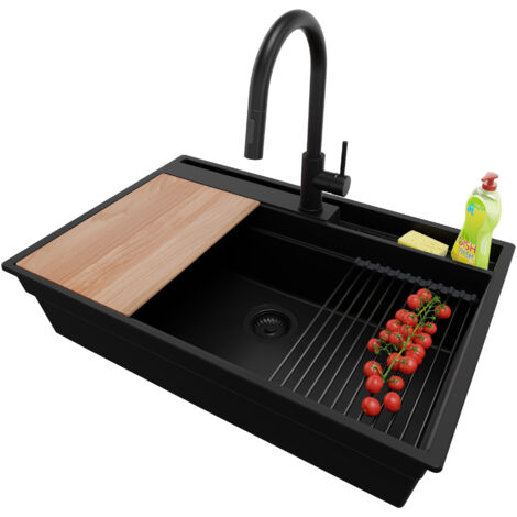 PRIMAGRAN Evier Cuisine en Granit 78x53cm, Lavabo 1 bac + Kit de Vidage + Accessoire, Évier à Encastrer au meuble 80cm - Oslo Pocket, Tout Noir