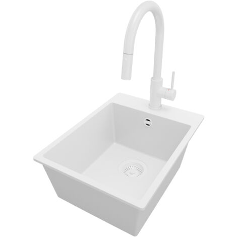 PRIMAGRAN Evier Cuisine en Granit 38x50cm, Lavabo 1 bac + Robinet 40x20cm + Kit de Vidage, Évier à Encastrer au meuble 40cm - Riga, Tout Blanc