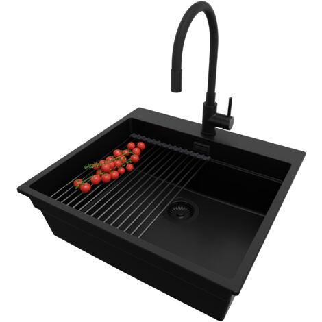 PRIMAGRAN Evier Cuisine en Granit 58x53cm, Lavabo 1 bac + Robinet 40x38cm + Kit de Vidage + Accessoire, Évier à Encastrer au meuble 60cm - Oslo Max, Tout Noir (1/5)