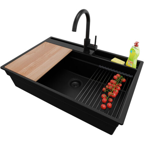 PRIMAGRAN Evier Cuisine en Granit 78x53cm, Lavabo 1 bac + Kit de Vidage + Accessoire, Évier à Encastrer au meuble 80cm - Oslo Pocket, Tout Noir