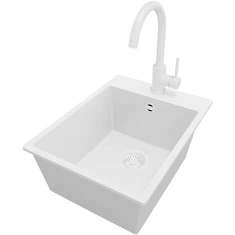 PRIMAGRAN Evier Cuisine en Granit 38x50cm, Lavabo 1 bac + Robinet 32x20cm + Kit de Vidage, Évier à Encastrer au meuble 40cm - Riga, Tout Blanc