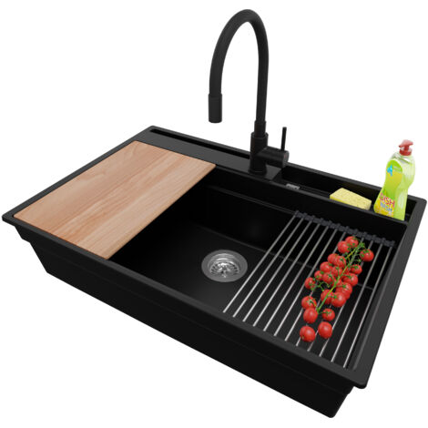 PRIMAGRAN Evier Cuisine en Granit 78x53cm, Lavabo 1 bac + Robinet 40x38cm + Kit de Vidage + Accessoires, Évier à Encastrer au meuble 80cm - Oslo Pocket, Noir