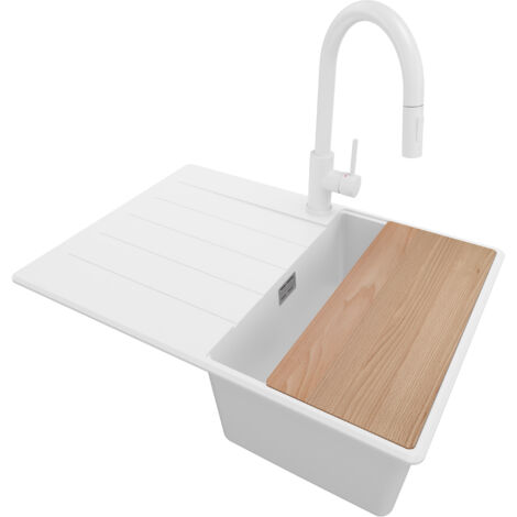 PRIMAGRAN Evier Cuisine en Granit 70x50cm, Lavabo 1 bac + Robinet 40x20cm + Kit de Vidage + Accessoire, Évier à Encastrer au meuble 40cm - Copenhague, Blanc (1/5)