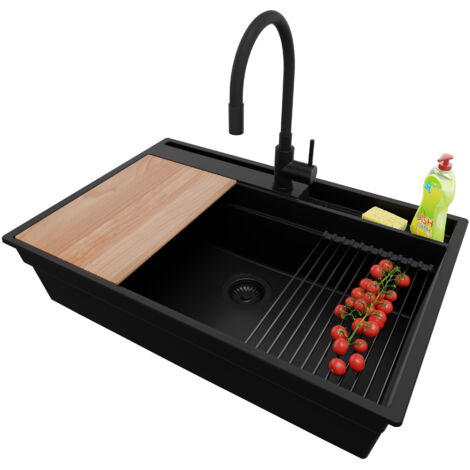 PRIMAGRAN Evier Cuisine en Granit 78x53cm, Lavabo 1 bac + Kit de Vidage + Accessoire, Évier à Encastrer au meuble 80cm - Oslo Pocket, Tout Noir