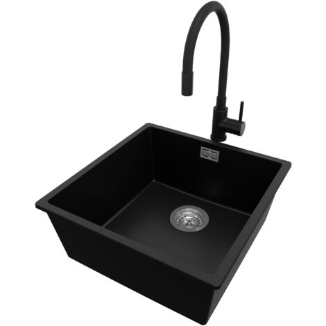 PRIMAGRAN Evier Cuisine en Granit 46x47cm, Lavabo 1 bac + Robinet 40x38cm + Kit de Vidage, Évier à Encastrer au meuble 50cm - London Slim, Noir (1/5)