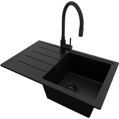 PRIMAGRAN Evier Cuisine en Granit 70x44cm, Lavabo 1 bac + Robinet 40x38cm + Kit de Vidage, Évier à Encastrer au meuble 45cm - Copenhague Easy, Tout Noir