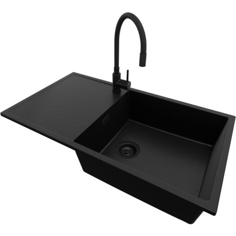 PRIMAGRAN Evier Cuisine en Granit 90x50cm, Lavabo 1 bac + Robinet 40x38cm + Kit de Vidage, Évier à Encastrer au meuble 60cm - Ibiza, Tout Noir