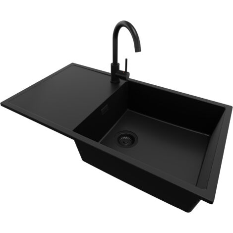 PRIMAGRAN Evier Cuisine en Granit 90x50cm, Lavabo 1 bac + Robinet 32x20cm + Kit de Vidage, Évier à Encastrer au meuble 60cm - Ibiza, Tout Noir