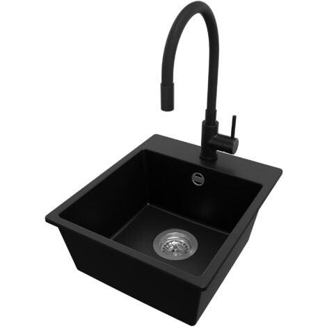 PRIMAGRAN Evier Cuisine en Granit 38x44cm, Lavabo 1 bac + Robinet 40x38cm + Kit de Vidage, Évier à Encastrer au meuble 40cm - Riga Easy, Noir