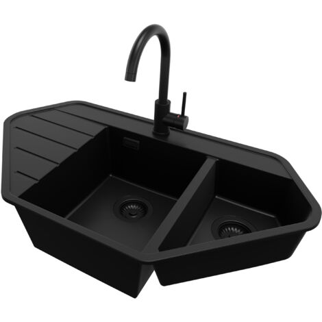 PRIMAGRAN Evier d'angle en Granit 90x50cm, Lavabo Cuisine 1,5 bacs + Kit de Vidage + Accessoire, Évier à Encastrer au meuble 80cm, Tout Noir