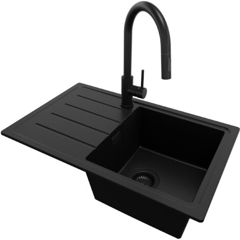 PRIMAGRAN Evier Cuisine en Granit 70x44cm, Lavabo 1 bac + Robinet 40x20cm + Kit de Vidage, Évier à Encastrer au meuble 45cm - Copenhague Easy, Tout Noir