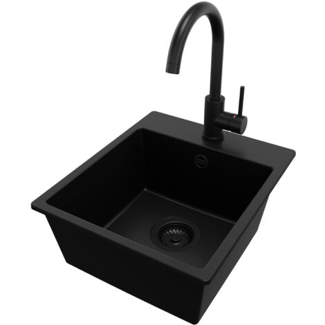 PRIMAGRAN Evier Cuisine en Granit 38x44cm, Lavabo 1 bac + Robinet 32x20cm + Kit de Vidage, Évier à Encastrer au meuble 40cm - Riga Easy, Tout Noir