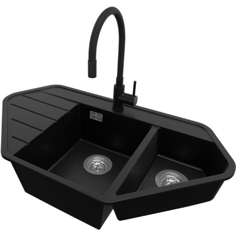 PRIMAGRAN Evier d'angle en Granit 90x50cm, Lavabo Cuisine 1,5 bacs + Kit de Vidage + Accessoire, Évier à Encastrer au meuble 80cm - Copenhague Corner, Noir