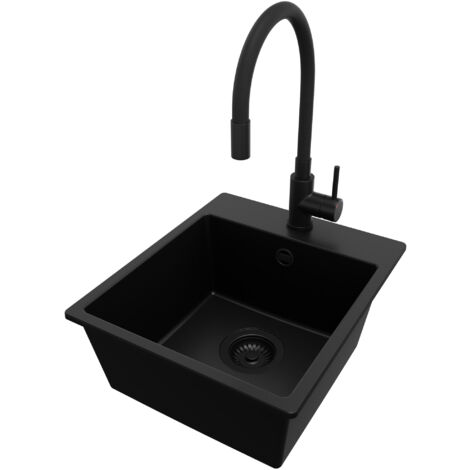 PRIMAGRAN Evier Cuisine en Granit 38x44cm, Lavabo 1 bac + Robinet 40x38cm + Kit de Vidage, Évier à Encastrer au meuble 40cm - Riga Easy, Tout Noir