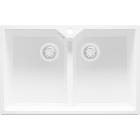 PRIMAGRAN Evier Cuisine en Granit 78x50cm, Lavabo 2 bacs + Kit de Vidage, Évier à Encastrer au meuble 80cm - Madrid Twin, Tout Blanc (1/5)
