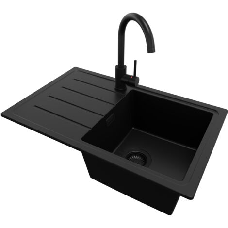 PRIMAGRAN Evier Cuisine en Granit 70x44cm, Lavabo 1 bac + Robinet 32x20cm + Kit de Vidage, Évier à Encastrer au meuble 45cm - Copenhague Easy, Tout Noir