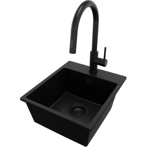 PRIMAGRAN Evier Cuisine en Granit 38x44cm, Lavabo 1 bac + Robinet 40x20cm + Kit de Vidage, Évier à Encastrer au meuble 40cm - Riga Easy, Tout Noir