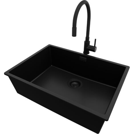 PRIMAGRAN Evier Cuisine en Granit 66x47cm, Lavabo 1 bac + Robinet 40x38cm + Kit de Vidage, Évier à Encastrer au meuble 70cm - London Slim, Tout Noir (1/5)