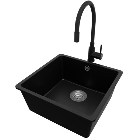 PRIMAGRAN Evier Cuisine en Granit 46x44cm, Lavabo 1 bac + Robinet 40x38cm + Kit de Vidage, Évier à Encastrer au meuble 50cm - Venise Slim Easy, Noir (1/5)