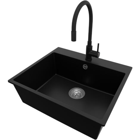 PRIMAGRAN Evier Cuisine en Granit 58x50cm, Lavabo 1 bac + Robinet 40x38cm + Kit de Vidage, Évier à Encastrer au meuble 60cm - Riga, Noir