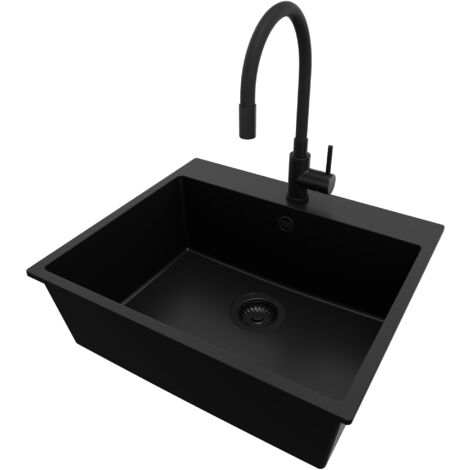 PRIMAGRAN Evier Cuisine en Granit 58x50cm, Lavabo 1 bac + Robinet 40x38cm + Kit de Vidage, Évier à Encastrer au meuble 60cm - Riga, Tout Noir