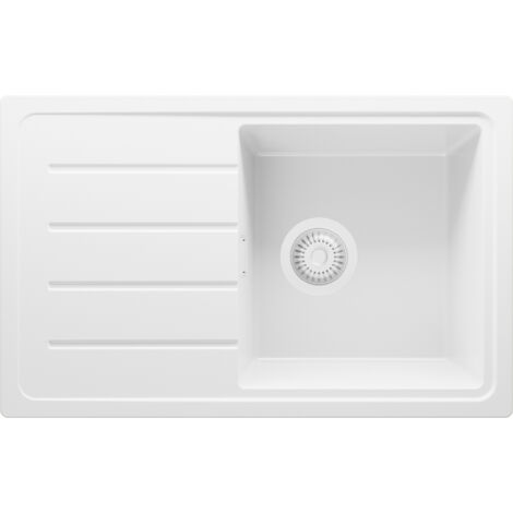 PRIMAGRAN Evier Cuisine en Granit 70x44cm, Lavabo 1 bac + Kit de Vidage, Évier à Encastrer au meuble 45cm - Copenhague Easy, Tout Blanc (1/5)