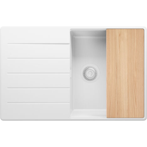 PRIMAGRAN Evier Cuisine en Granit 78x50cm, Lavabo 1 bac + Kit de Vidage + Planche à Découper, Évier à Encastrer au meuble 50cm - Copenhague, Tout Blanc