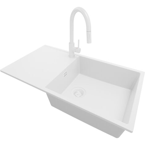 PRIMAGRAN Evier Cuisine en Granit 90x50cm, Lavabo 1 bac + Robinet 40x20cm + Kit de Vidage, Évier à Encastrer au meuble 60cm - Ibiza, Tout Blanc