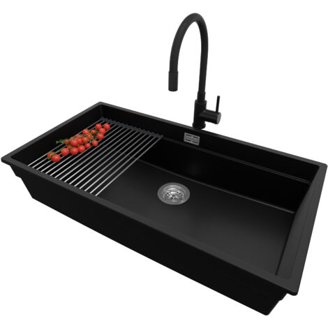 PRIMAGRAN Evier Cuisine en Granit 86x47cm, Lavabo 1 bac + Robinet 40x38cm + Kit de Vidage + Accessoire, Évier à Encastrer au meuble 90cm - Prague Slim, Noir (1/5)