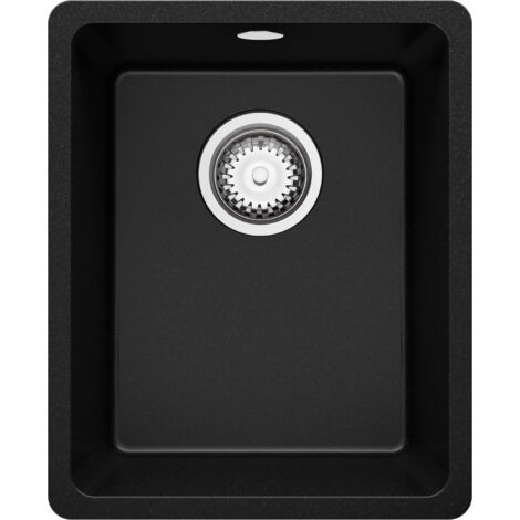 PRIMAGRAN Evier Sous Plan 36x44cm, Evier en Granit 1 bac + Kit de Vidage, Évier au meuble 40cm - Venise Easy, Noir (1/5)