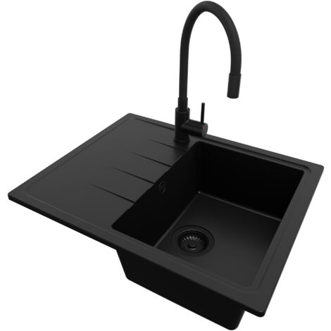 PRIMAGRAN Evier Cuisine en Granit 62x50cm, Lavabo 1 bac + Robinet 40x38cm + Kit de Vidage, Évier à Encastrer au meuble 40cm - Milan, Tout Noir