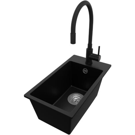 PRIMAGRAN Evier Cuisine en Granit 28x50cm, Lavabo 1 bac + Robinet 40x38cm + Kit de Vidage, Évier à Encastrer au meuble 30cm - Riga, Noir