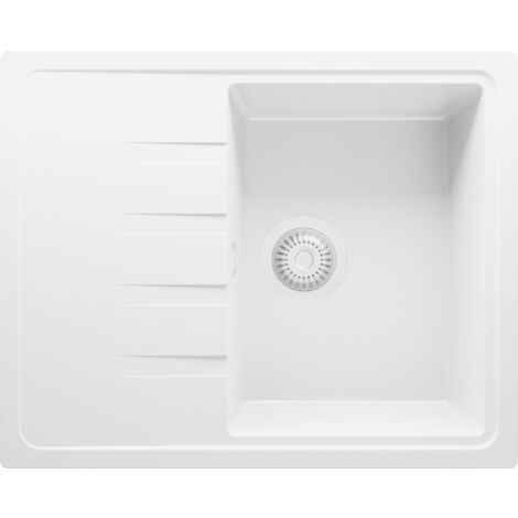 PRIMAGRAN Evier Cuisine en Granit 62x50cm, Lavabo 1 bac + Kit de Vidage, Évier à Encastrer au meuble 40cm - Milan, Tout Blanc (1/5)