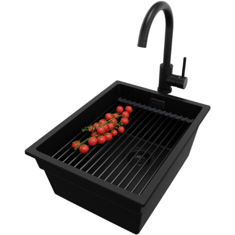 PRIMAGRAN Evier Cuisine en Granit 36x47cm, Lavabo 1 bac + Kit de Vidage + Accessoire, Évier à Encastrer au meuble 40cm - Prague Slim, Tout Noir (1/5)