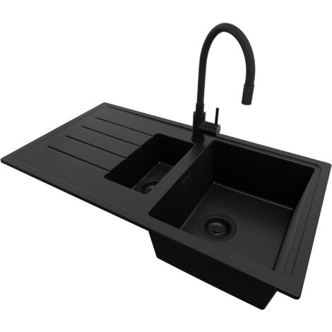 PRIMAGRAN Evier Cuisine en Granit 90x50cm, Lavabo 1,5 bacs + Robinet 40x38cm + Kit de Vidage, Évier à Encastrer au meuble 60cm - Copenhague Duo, Tout Noir (1/5)