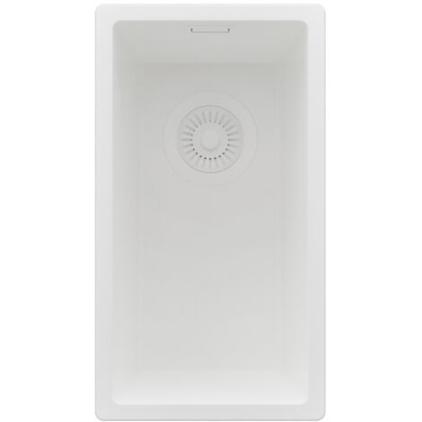 PRIMAGRAN Evier Sous Plan 26x47cm, Evier en Granit 1 bac + Kit de Vidage, Évier au meuble 30cm - London, Tout Blanc (1/5)