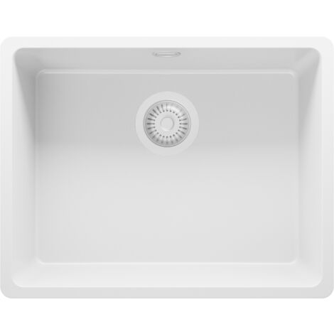 PRIMAGRAN Evier Sous Plan 56x44cm, Evier en Granit 1 bac + Kit de Vidage, Évier au meuble 60cm - Venise Easy, Tout Blanc