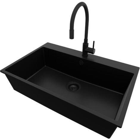 PRIMAGRAN Evier Cuisine en Granit 78x50cm, Lavabo 1 bac + Robinet 40x38cm + Kit de Vidage, Évier à Encastrer au meuble 80cm - Riga, Tout Noir