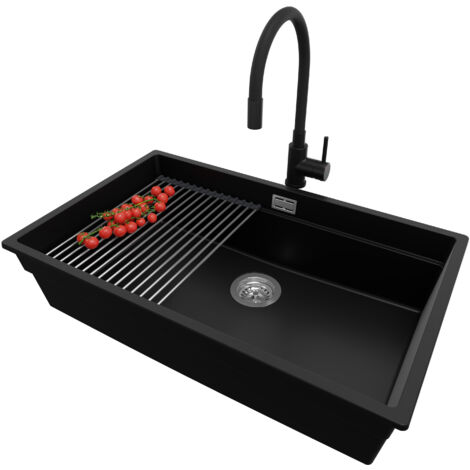PRIMAGRAN Evier Sous Plan 76x47cm, Evier en Granit 1 bac + Robinet 40x38cm + Kit de Vidage + Égouttoir Enroulable, Évier au meuble 80cm - Prague, Noir (1/5)